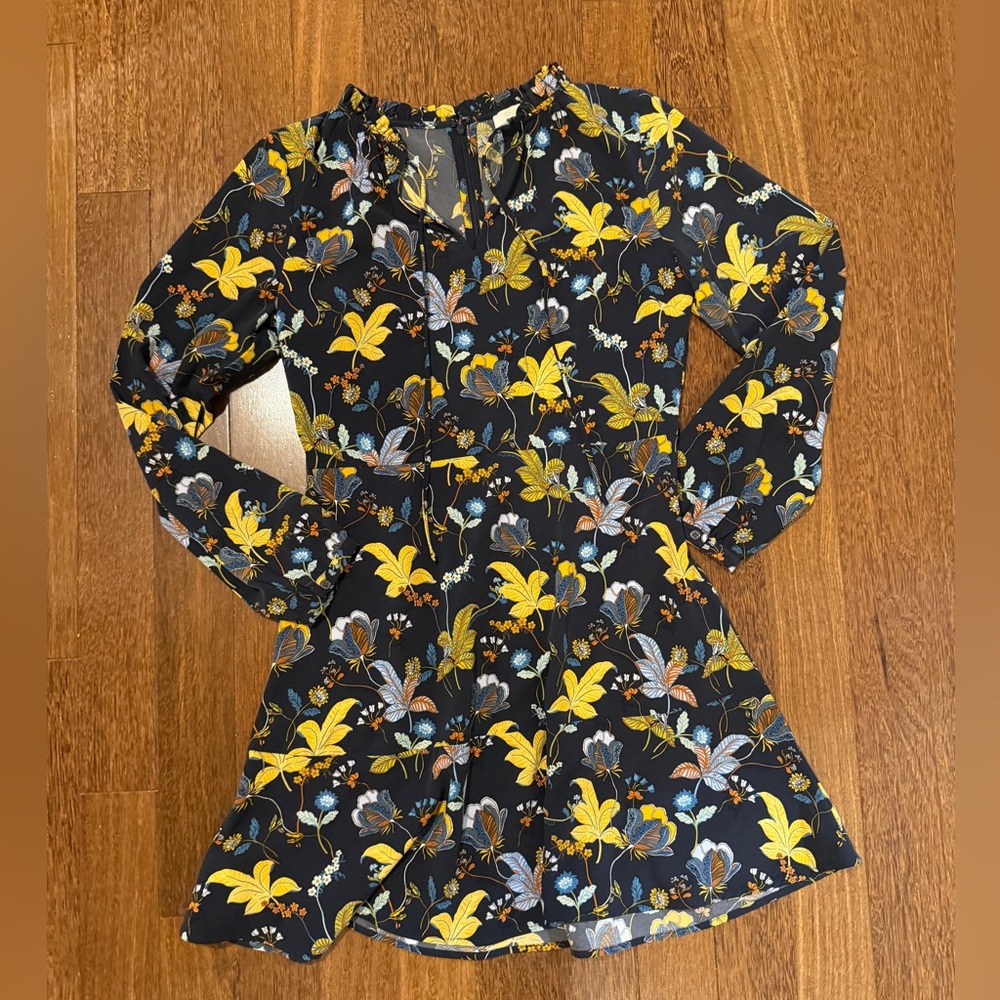 LOFT Navy Floral Dress with Yellow and Blue Accents